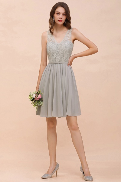 Beautiful Appliques Lace V-neck Wide Straps Short Chiffon A-Line Bridesmaid Dress_6