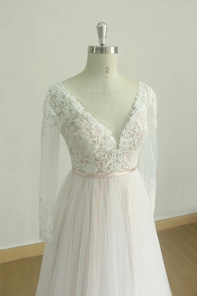 Long Sleeve Lace Tulle A-line Wedding Dress_4