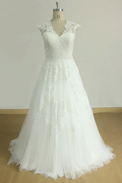 Cap Sleeve Appliques Tulle A-line Wedding Dress_1