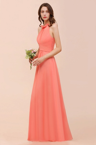 Charming Coral Chiffon Sleeveless A-Line Halter Floor-length Bridesmaid Dresses_5