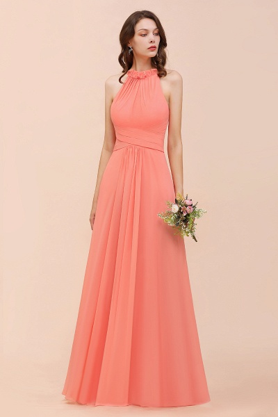 Charming Coral Chiffon Sleeveless A-Line Halter Floor-length Bridesmaid Dresses_7