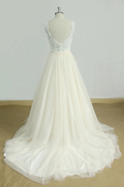 Graceful V-neck Lace Tulle A-line Wedding Dress_3