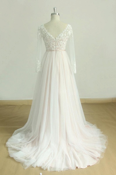 Long Sleeve Lace Tulle A-line Wedding Dress_3