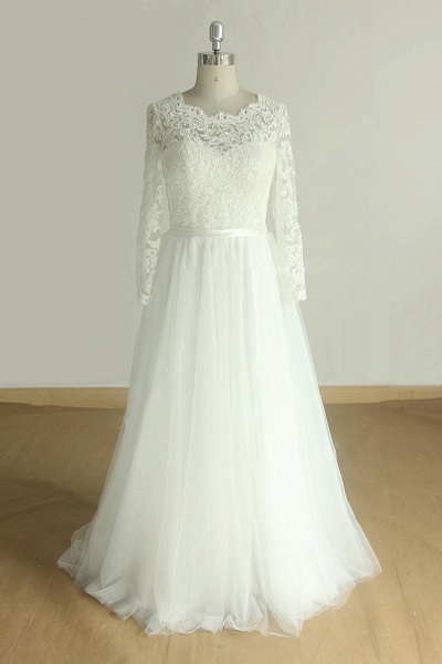 Elegant Long Sleeve Lace Tulle A-line Wedding Dress_1