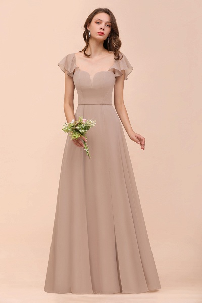 Elegant Long A-line Square Front Slit Chiffon Bridesmaid Dress with Cap Sleeves_9