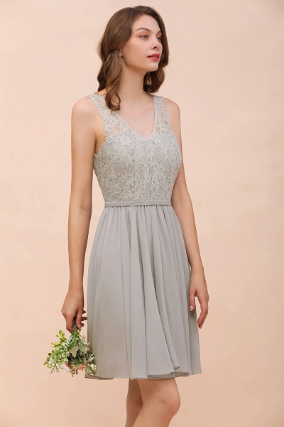 Beautiful Appliques Lace V-neck Wide Straps Short Chiffon A-Line Bridesmaid Dress_9