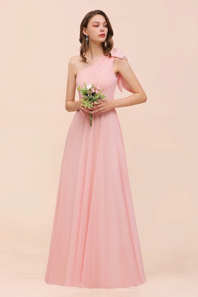 Pink One Shoulder A-Line Soft Chiffon Floor-length Bridesmaid Dress With Bowknot_4