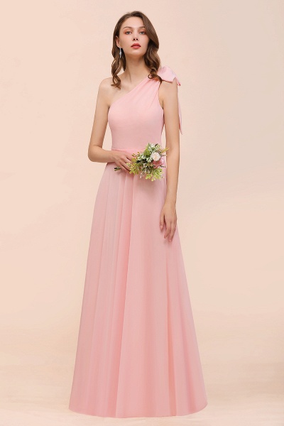 Pink One Shoulder A-Line Soft Chiffon Floor-length Bridesmaid Dress With Bowknot_5