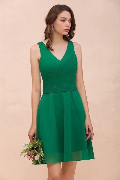 Vintage V-neck Wide Straps A-line Chiffon Short Bridesmaid Dress With Ruched_9