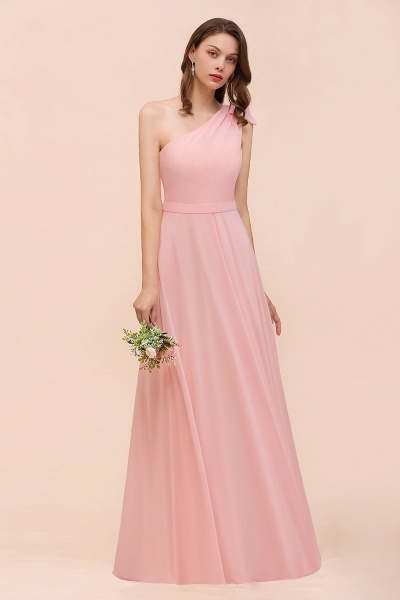 Pink One Shoulder A-Line Soft Chiffon Floor-length Bridesmaid Dress With Bowknot_6