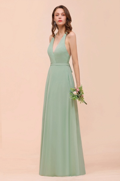 Simple V-neck Wide Straps A-line Chiffon Bridesmaid Dress With Pockets_9