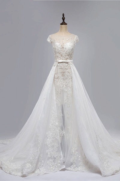 Cap Sleeve Appliques Tulle A-Line Wedding Dress_5