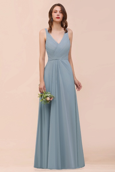 Chic V-Neck Sleeveless Floor Length A-Line Ruched Chiffon Bridesmaid Dress_1