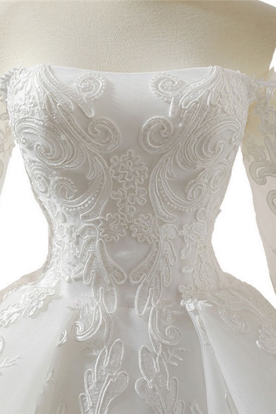 Lace-up Off Shoulder Long Sleeve Tulle Wedding Dress_5