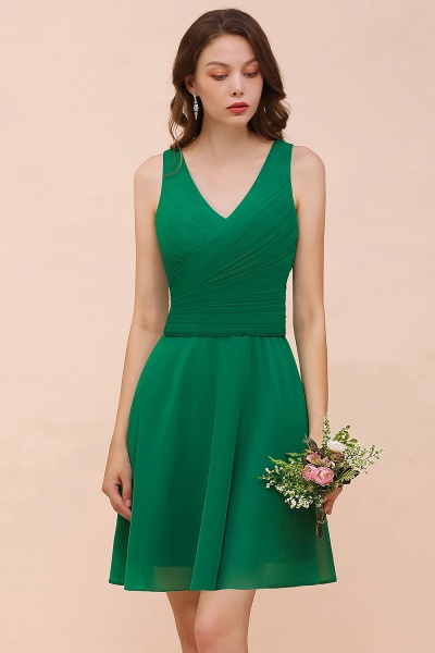 Vintage V-neck Wide Straps A-line Chiffon Short Bridesmaid Dress With Ruched_8
