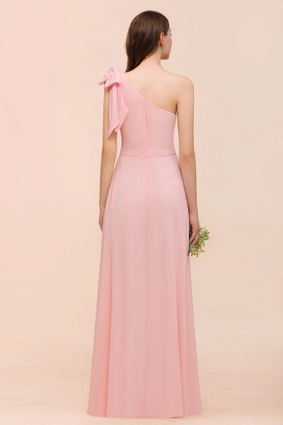 Pink One Shoulder A-Line Soft Chiffon Floor-length Bridesmaid Dress With Bowknot_3