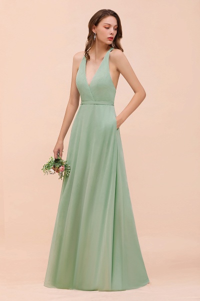 Simple V-neck Wide Straps A-line Chiffon Bridesmaid Dress With Pockets_7