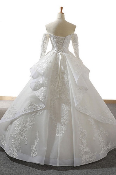 Lace-up Off Shoulder Long Sleeve Tulle Wedding Dress_3