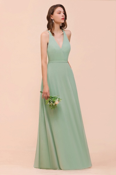 Simple V-neck Wide Straps A-line Chiffon Bridesmaid Dress With Pockets_6