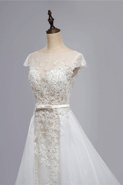 Cap Sleeve Appliques Tulle A-Line Wedding Dress_7