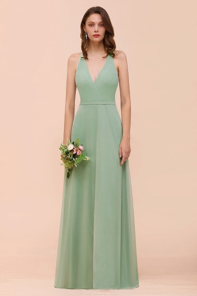 Simple V-neck Wide Straps A-line Chiffon Bridesmaid Dress With Pockets_1