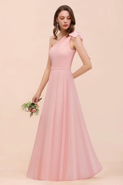 Pink One Shoulder A-Line Soft Chiffon Floor-length Bridesmaid Dress With Bowknot_7