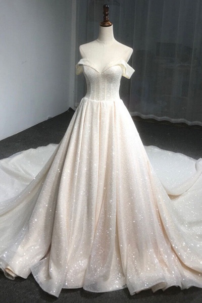 Luxur Off Shoulder Sparkle A-line Wedding Dress_1