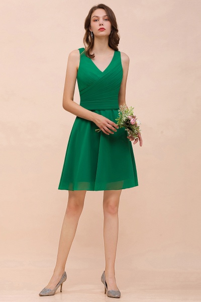 Vintage V-neck Wide Straps A-line Chiffon Short Bridesmaid Dress With Ruched_4