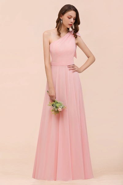 Pink One Shoulder A-Line Soft Chiffon Floor-length Bridesmaid Dress With Bowknot_8