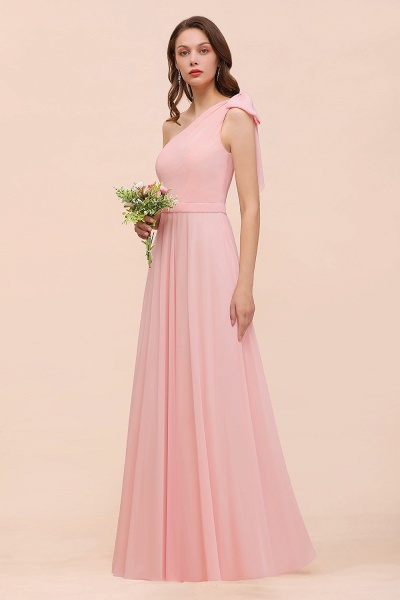 Pink One Shoulder A-Line Soft Chiffon Floor-length Bridesmaid Dress With Bowknot_1