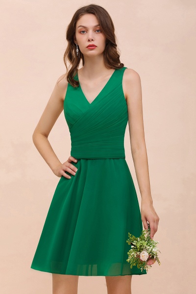 Vintage V-neck Wide Straps A-line Chiffon Short Bridesmaid Dress With Ruched_7