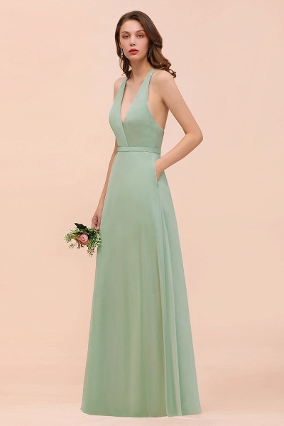 Simple V-neck Wide Straps A-line Chiffon Bridesmaid Dress With Pockets_4