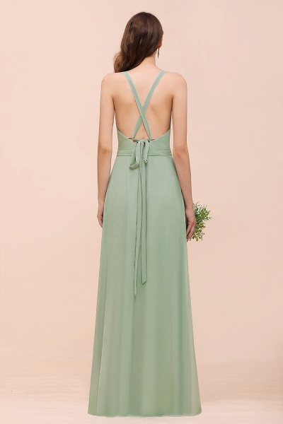 Simple V-neck Wide Straps A-line Chiffon Bridesmaid Dress With Pockets_3
