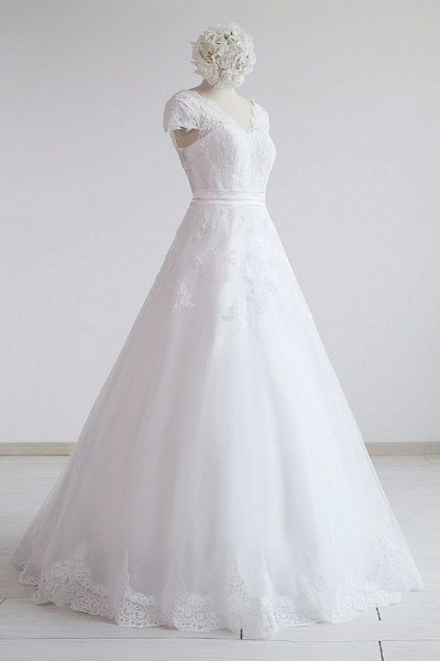 Elegantes A-Linien-Hochzeitskleid aus Spitze mit Flügelärmeln und Tüll_4