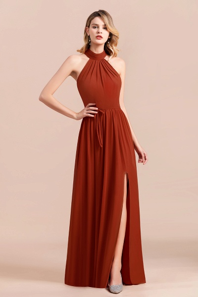 A-Line Halter Chiffon Floor-length Ruched Bridesmaid Dress With Side Slit_7