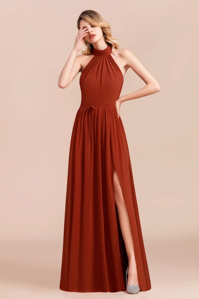 A-Line Halter Chiffon Floor-length Ruched Bridesmaid Dress With Side Slit_5