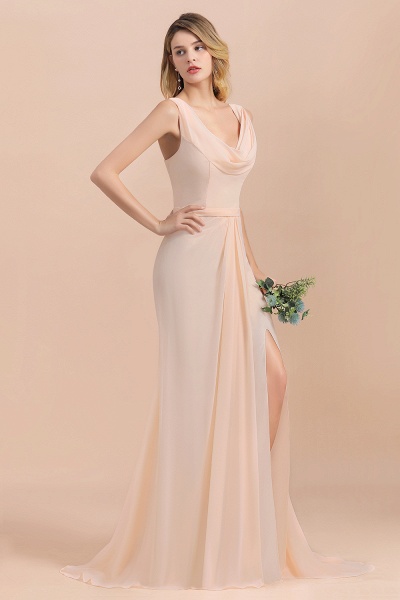 Elegantes, bodenlanges Meerjungfrauen-Brautjungfernkleid aus Chiffon mit U-Ausschnitt und seitlichem Schlitz_7