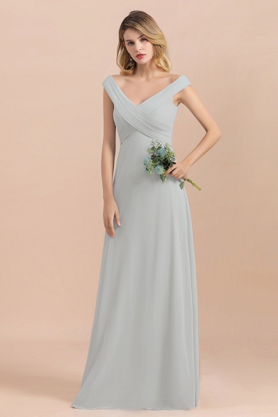 Off-the-Shoulder V-neck A-Line Bridesmaid Dress Floor Length Chiffon Evening Dress_6