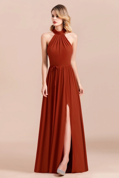 A-Line Halter Chiffon Floor-length Ruched Bridesmaid Dress With Side Slit_6