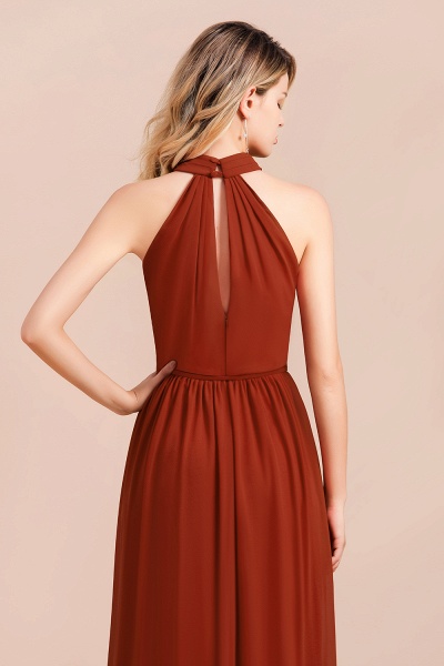 A-Line Halter Chiffon Floor-length Ruched Bridesmaid Dress With Side Slit_9