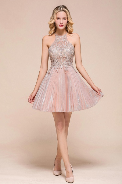 Cute Short A-line Halter Pleated Lace Appliques Prom Dresses_1
