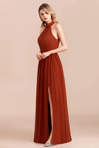 A-Line Halter Chiffon Floor-length Ruched Bridesmaid Dress With Side Slit_4