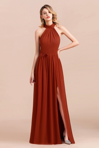 A-Line Halter Chiffon Floor-length Ruched Bridesmaid Dress With Side Slit_1
