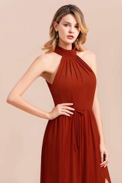 A-Line Halter Chiffon Floor-length Ruched Bridesmaid Dress With Side Slit_8