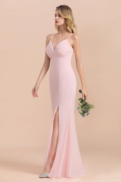 Pink V-neck A-Line Spaghetti Straps Chiffon Floor-length Bridesmaid Dress With Side Slit_7