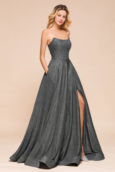 Glitter Strapless Backless Split Long Prom Dress_7