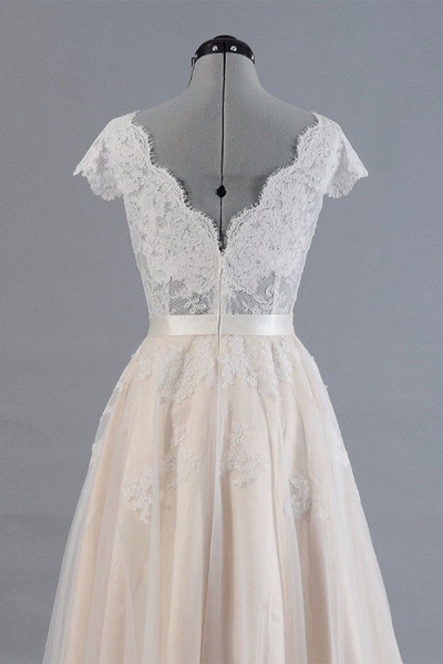 Cute Cap Sleeve V-neck Lace Tulle Wedding Dress_5