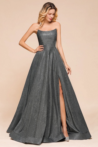 Glitter Strapless Backless Split Long Prom Dress_5