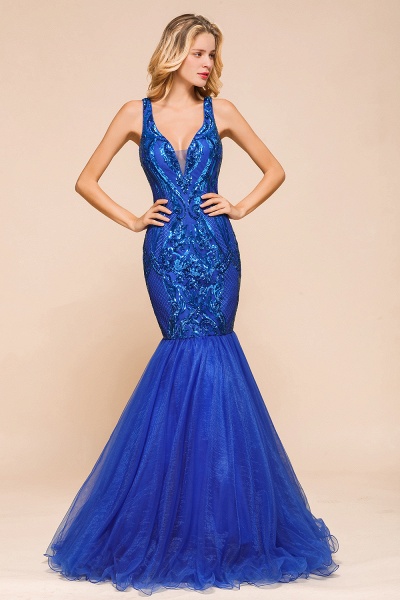 Gorgeous V-neck Open Back Sequins Mermaid Prom Dress_6