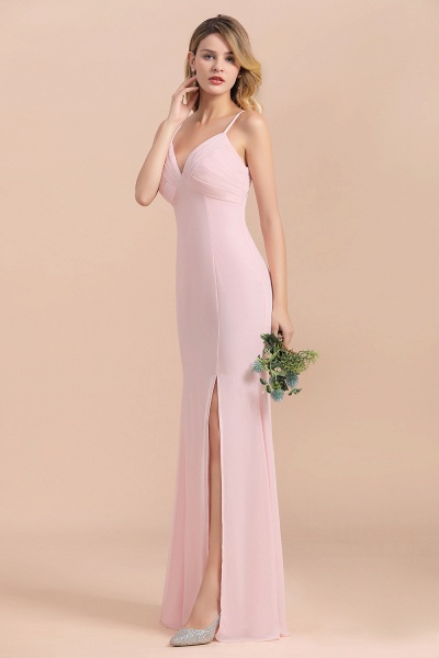 Pink V-neck A-Line Spaghetti Straps Chiffon Floor-length Bridesmaid Dress With Side Slit_4